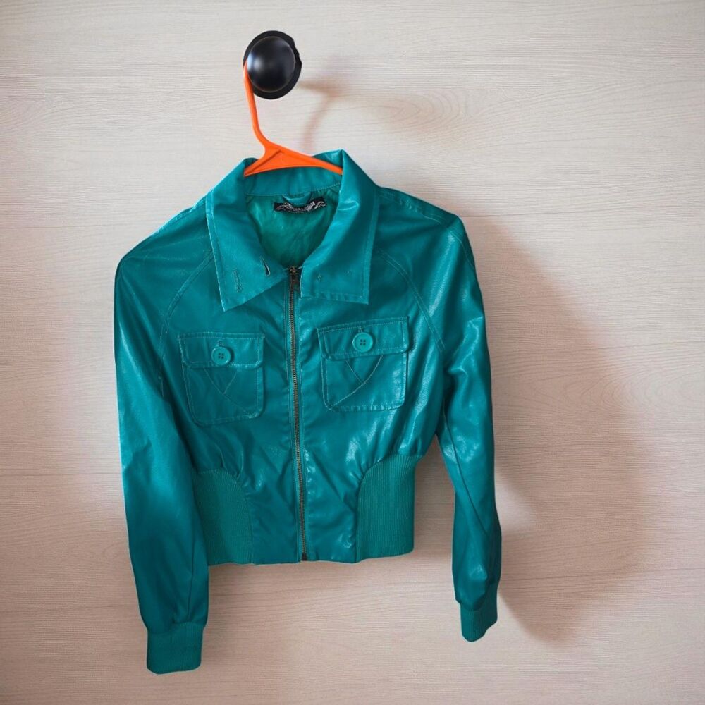 Vintage Drama Gold Jean Co Teal Biker Jacket Womens S Faux Leather